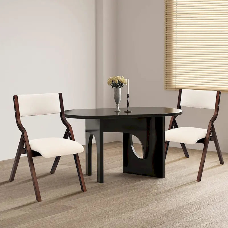 Beige Folding Dining Chair, Upholstered Padded Seat, Set of 2