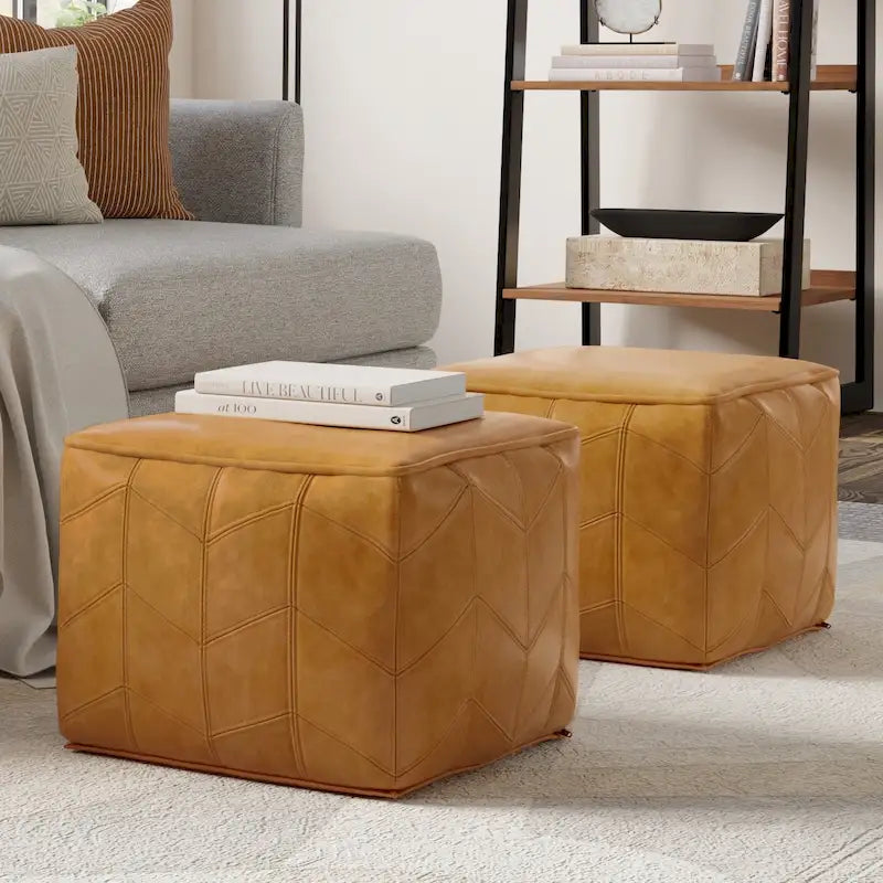 Brown Genuine Leather Square Pouf Ottoman, Chevron Pattern, Single Use