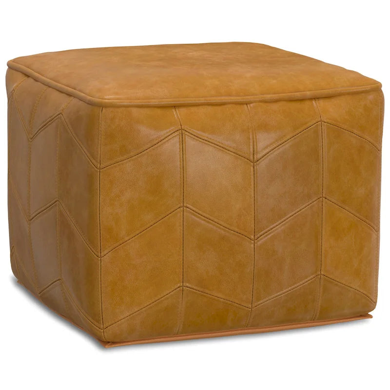 Brown Genuine Leather Square Pouf Ottoman, Chevron Pattern, Single Use