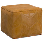 Brown Genuine Leather Square Pouf Ottoman, Chevron Pattern, Single Use