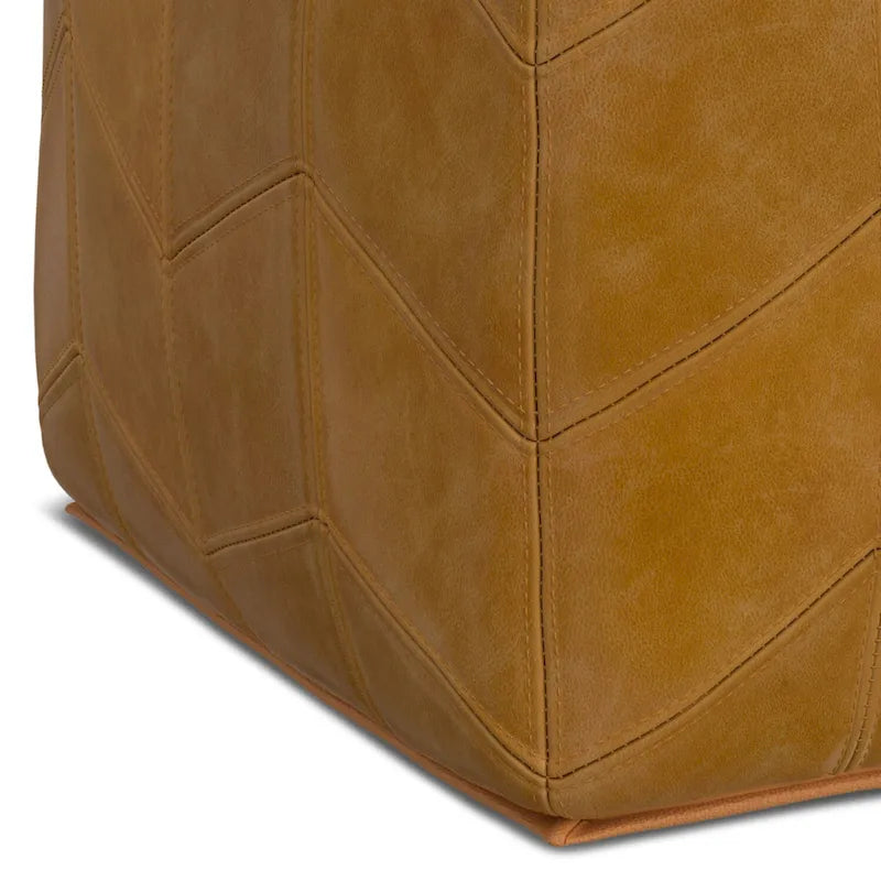 Brown Genuine Leather Square Pouf Ottoman, Chevron Pattern, Single Use