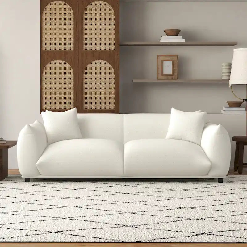 Cream Boucle Fabric Sofa, Mid-Century Tufted Couch, 2-3 Seater