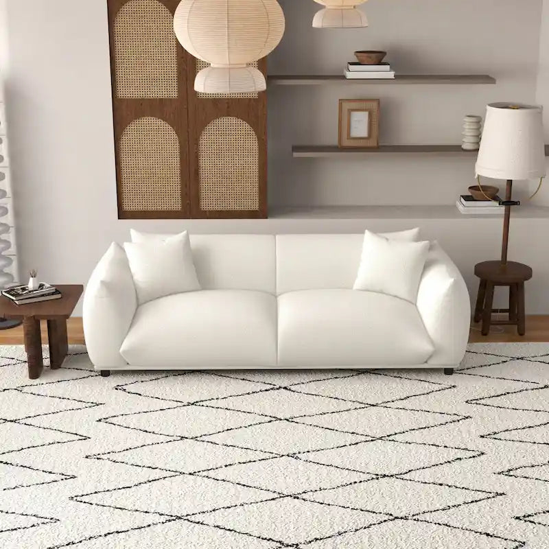 Cream Boucle Fabric Sofa, Mid-Century Tufted Couch, 2-3 Seater
