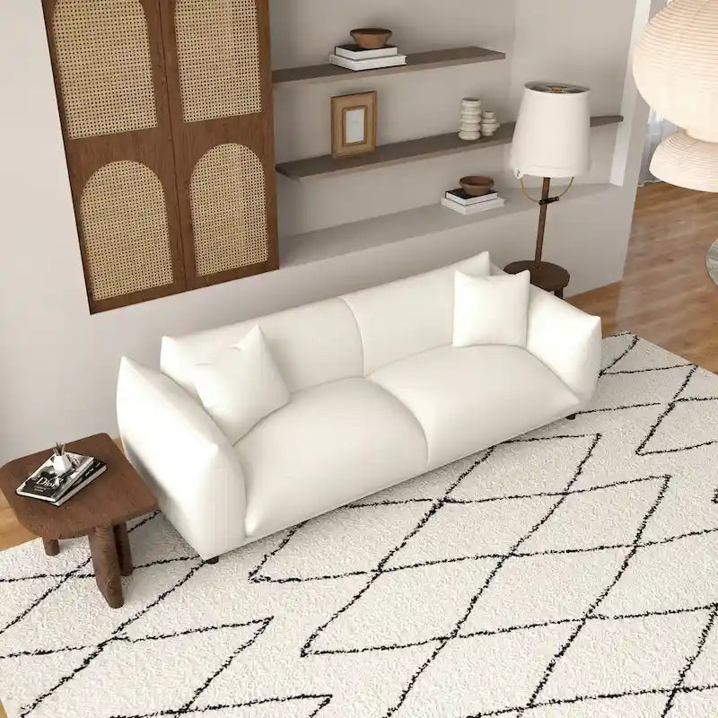 Cream Boucle Fabric Sofa, Mid-Century Tufted Couch, 2-3 Seater