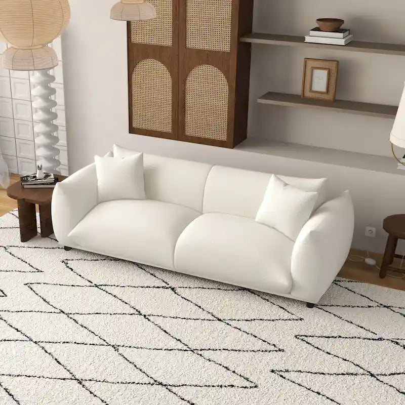 Cream Boucle Fabric Sofa, Mid-Century Tufted Couch, 2-3 Seater