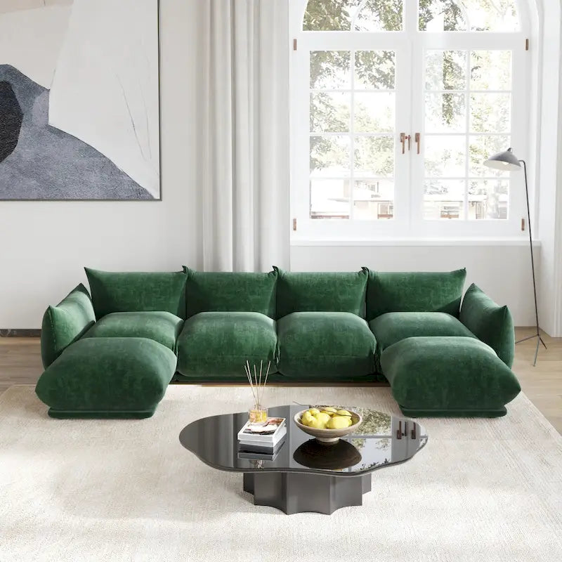 Green / Orange / Beige / Black U-Shape Chenille Sectional Sofa, 4-Seat