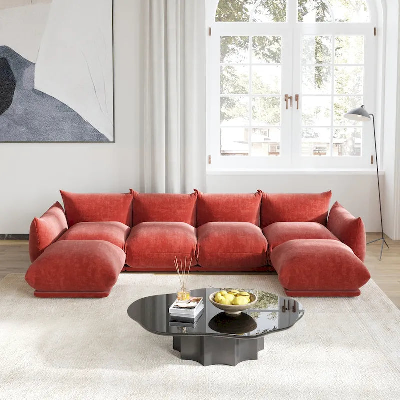 Green / Orange / Beige / Black U-Shape Chenille Sectional Sofa, 4-Seat