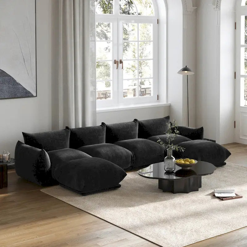 Green / Orange / Beige / Black U-Shape Chenille Sectional Sofa, 4-Seat