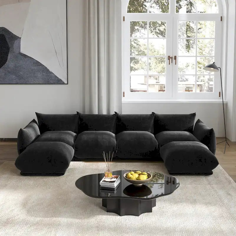 Green / Orange / Beige / Black U-Shape Chenille Sectional Sofa, 4-Seat