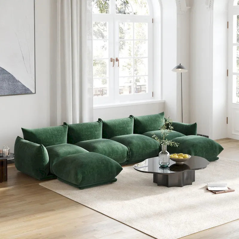 Green / Orange / Beige / Black U-Shape Chenille Sectional Sofa, 4-Seat