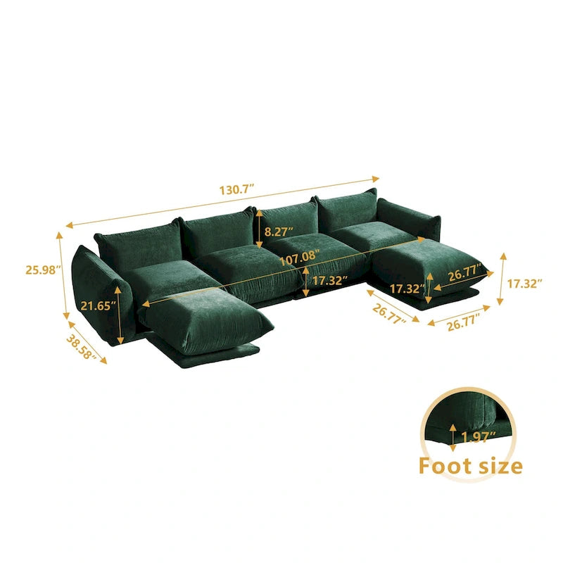 Green / Orange / Beige / Black U-Shape Chenille Sectional Sofa, 4-Seat