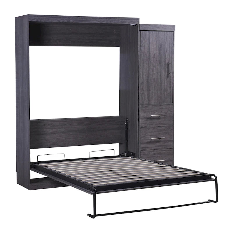 Gray Folding Murphy Wall Bed with Wardrobe & 3 Drawers, Full/Twin, 1-2 Person