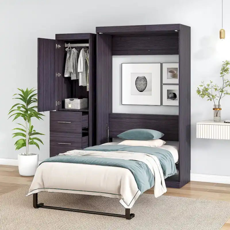 Gray Folding Murphy Wall Bed with Wardrobe & 3 Drawers, Full/Twin, 1-2 Person