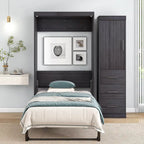 Gray Folding Murphy Wall Bed with Wardrobe & 3 Drawers, Full/Twin, 1-2 Person