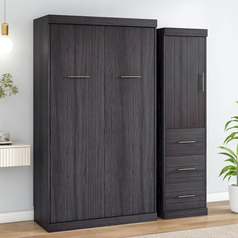 Gray Folding Murphy Wall Bed with Wardrobe & 3 Drawers, Full/Twin, 1-2 Person