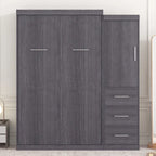 Gray Folding Murphy Wall Bed with Wardrobe & 3 Drawers, Full/Twin, 1-2 Person