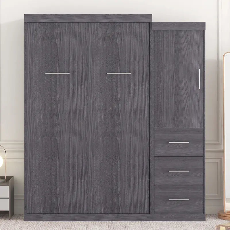 Gray Folding Murphy Wall Bed with Wardrobe & 3 Drawers, Full/Twin, 1-2 Person