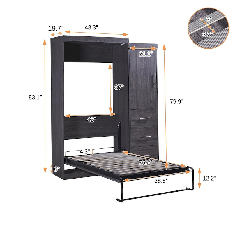 Gray Folding Murphy Wall Bed with Wardrobe & 3 Drawers, Full/Twin, 1-2 Person