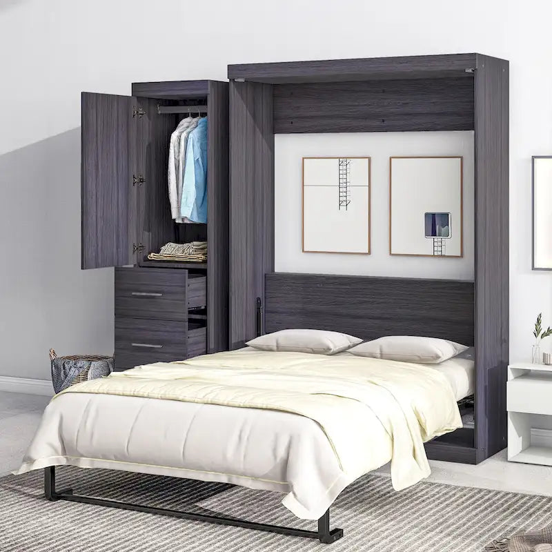 Full Size Wall Bed Murphy Bed with Wardrobe & Drawers,can be Folded into Cabinet