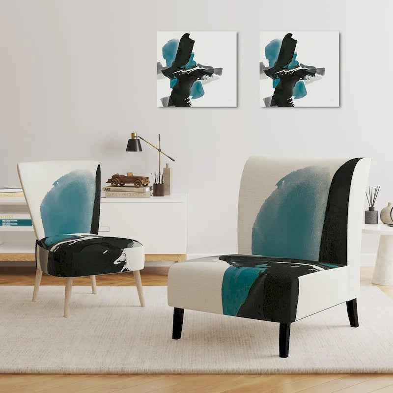 Geometric Black & Teal Upholstered Accent Chair – Single Seat