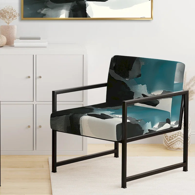 Geometric Black & Teal Upholstered Accent Chair – Single Seat