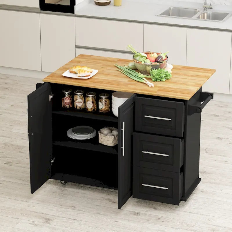 Black/White Rolling Kitchen Island Cart with 3 Drawers & Cabinet, 1-2 Person