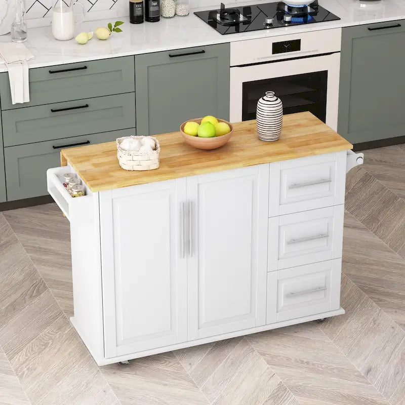Black/White Rolling Kitchen Island Cart with 3 Drawers & Cabinet, 1-2 Person