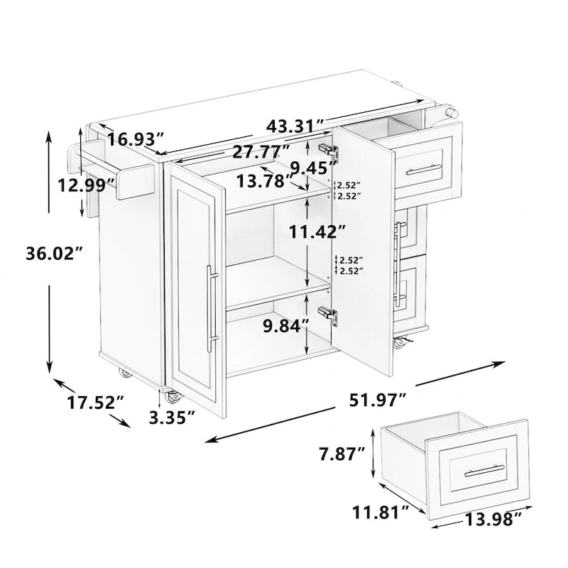 Black/White Rolling Kitchen Island Cart with 3 Drawers & Cabinet, 1-2 Person