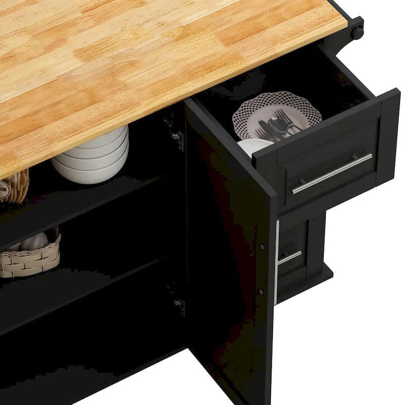 Black/White Rolling Kitchen Island Cart with 3 Drawers & Cabinet, 1-2 Person