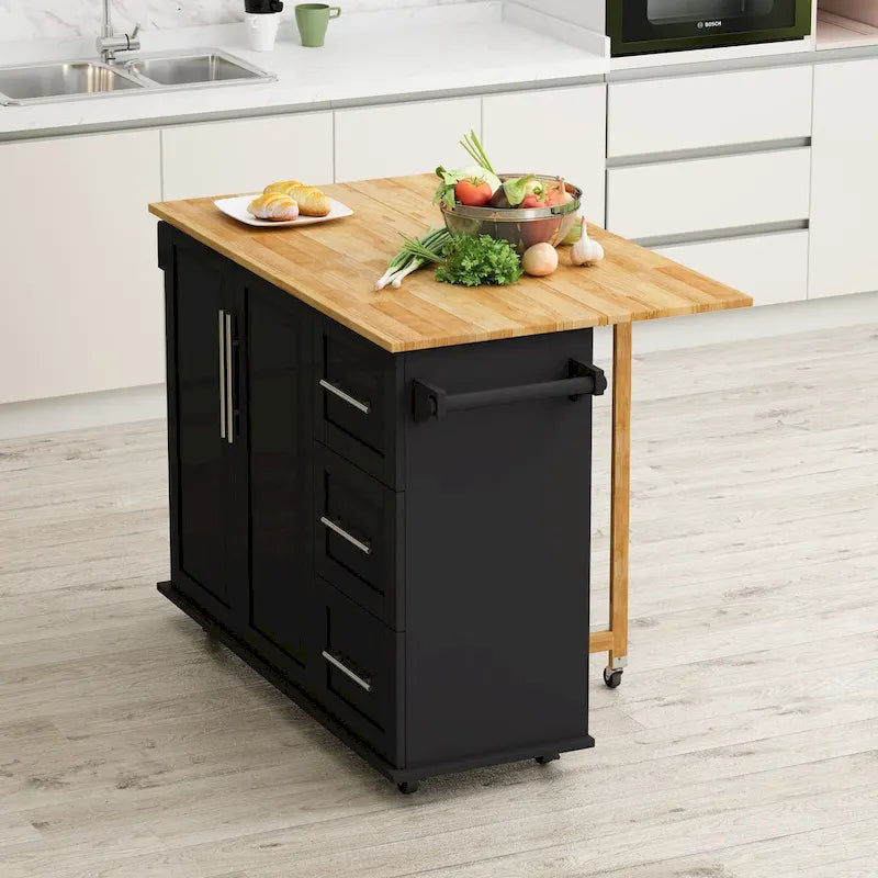 Black/White Rolling Kitchen Island Cart with 3 Drawers & Cabinet, 1-2 Person