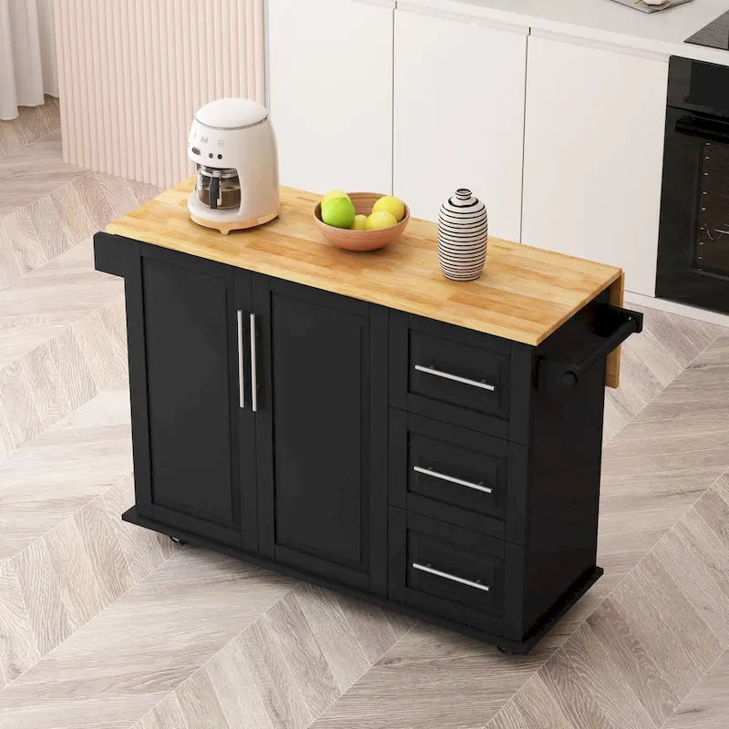 Black/White Rolling Kitchen Island Cart with 3 Drawers & Cabinet, 1-2 Person