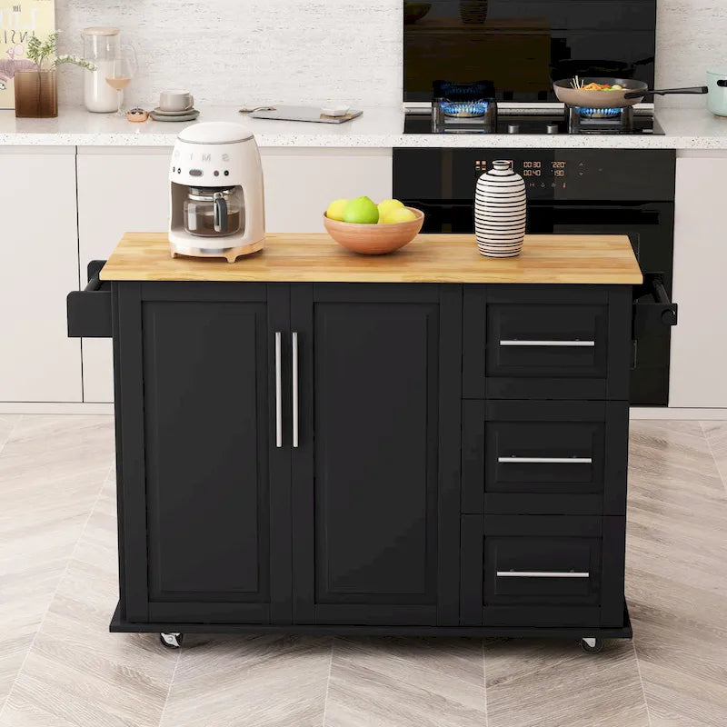 Black/White Rolling Kitchen Island Cart with 3 Drawers & Cabinet, 1-2 Person