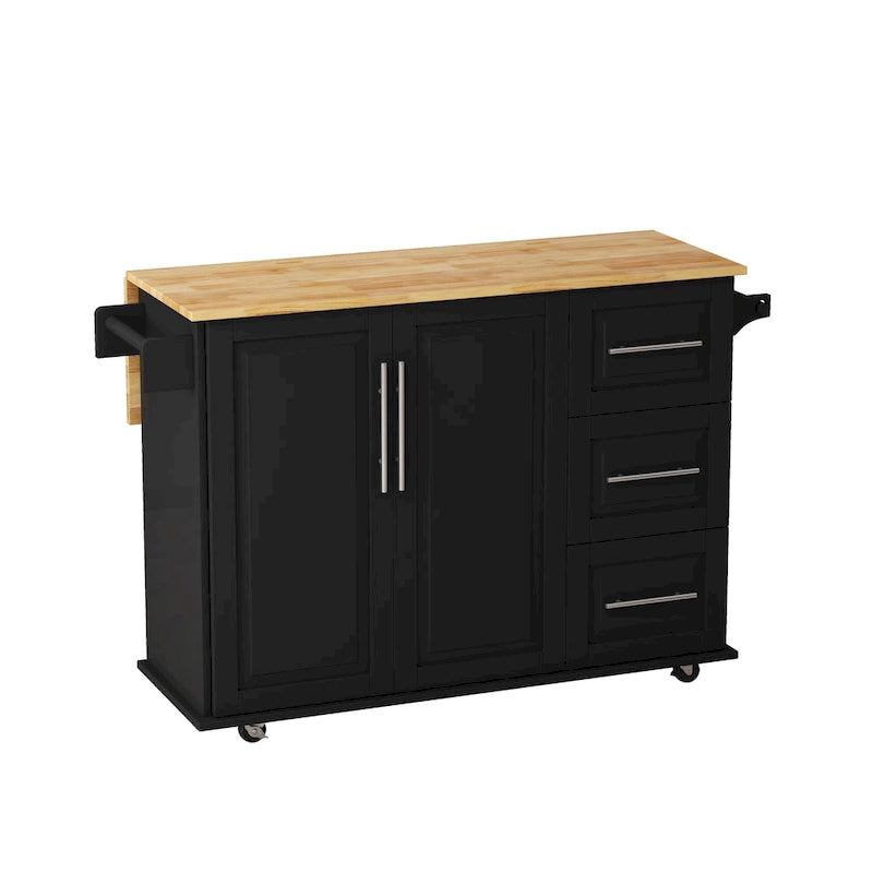 Black/White Rolling Kitchen Island Cart with 3 Drawers & Cabinet, 1-2 Person