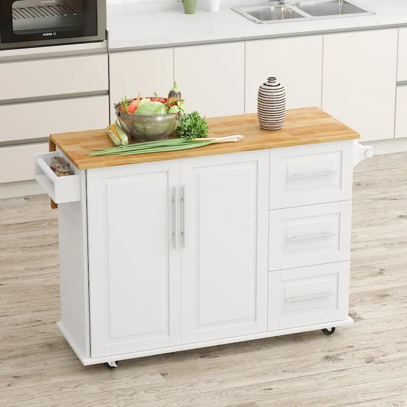 Black/White Rolling Kitchen Island Cart with 3 Drawers & Cabinet, 1-2 Person