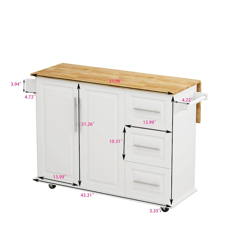 Black/White Rolling Kitchen Island Cart with 3 Drawers & Cabinet, 1-2 Person