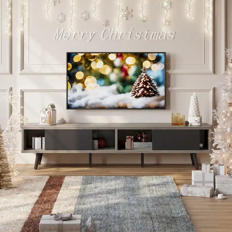 Mid-Century TV Stand with Sliding Doors, Multi-Color, Fits up to 75" TV – 70"