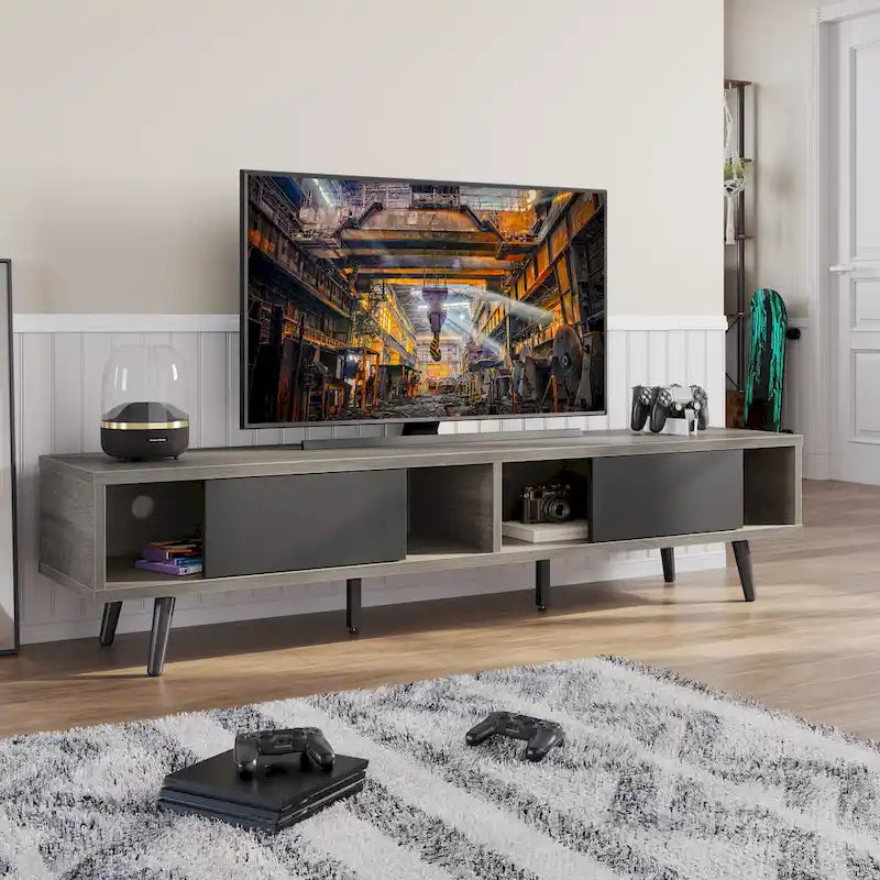 Mid-Century TV Stand with Sliding Doors, Multi-Color, Fits up to 75" TV – 70"