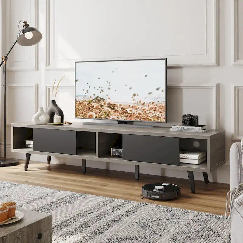 Mid-Century TV Stand with Sliding Doors, Multi-Color, Fits up to 75" TV – 70"
