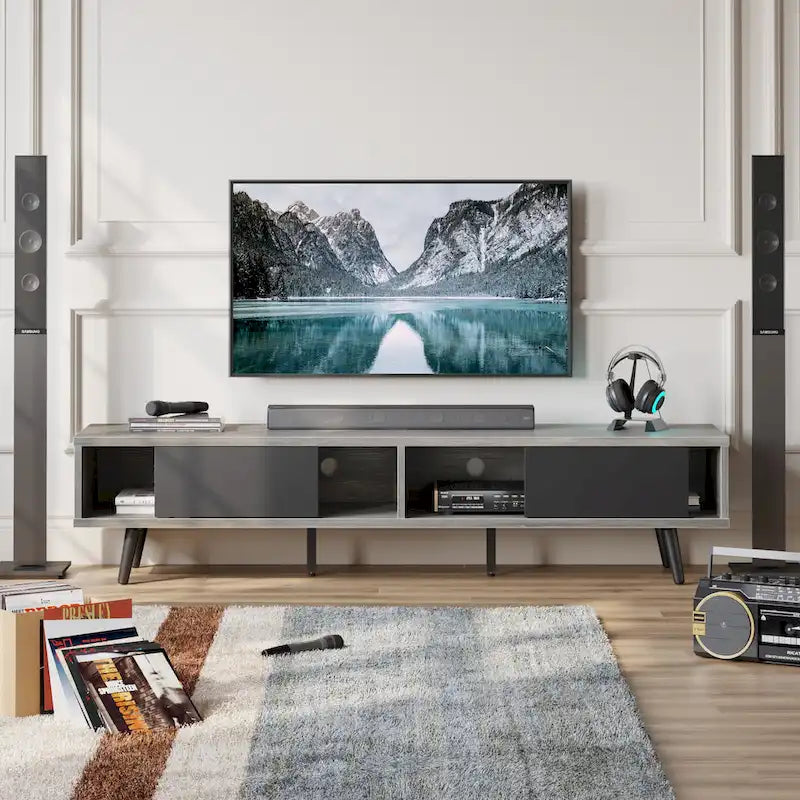 Mid-Century TV Stand with Sliding Doors, Multi-Color, Fits up to 75" TV – 70"