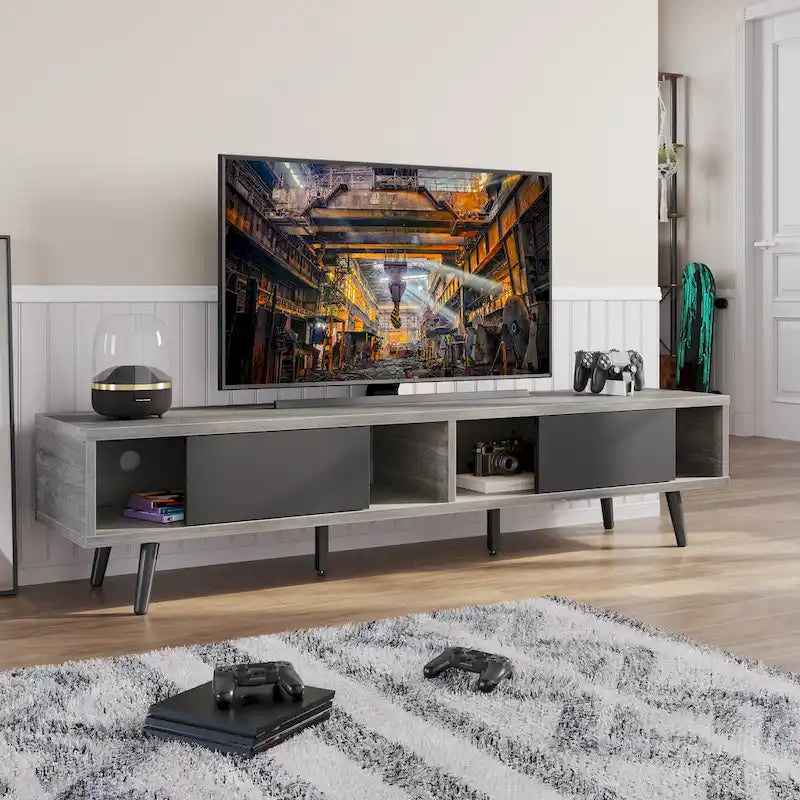 Mid-Century TV Stand with Sliding Doors, Multi-Color, Fits up to 75" TV – 70"
