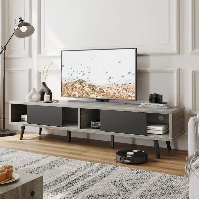 Mid-Century TV Stand with Sliding Doors, Multi-Color, Fits up to 75" TV – 70"