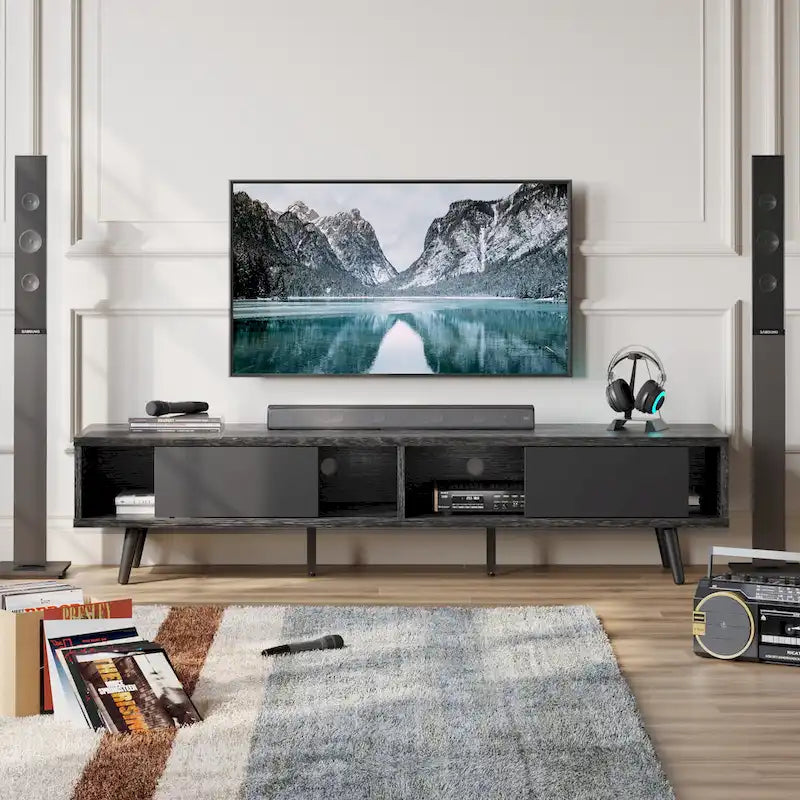 Mid-Century TV Stand with Sliding Doors, Multi-Color, Fits up to 75" TV – 70"