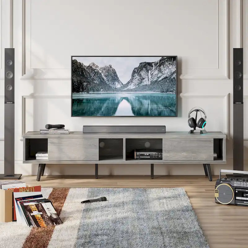 Mid-Century TV Stand with Sliding Doors, Multi-Color, Fits up to 75" TV – 70"