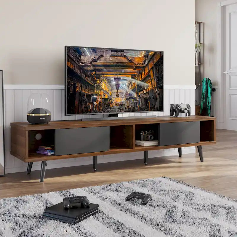 Mid-Century TV Stand with Sliding Doors, Multi-Color, Fits up to 75" TV – 70"