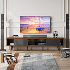 Mid-Century TV Stand with Sliding Doors, Multi-Color, Fits up to 75" TV – 70"