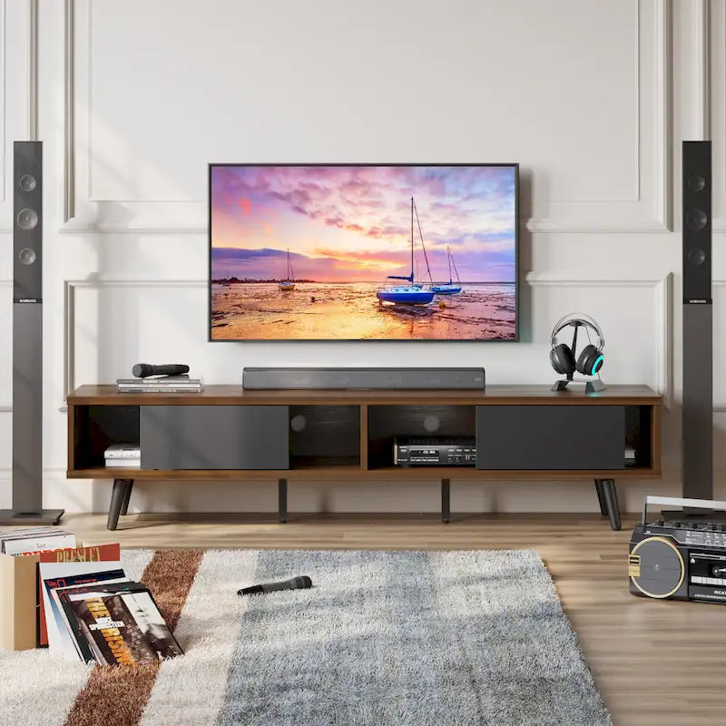 Mid-Century TV Stand with Sliding Doors, Multi-Color, Fits up to 75" TV – 70"