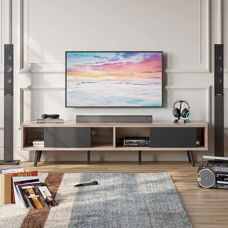 Mid-Century TV Stand with Sliding Doors, Multi-Color, Fits up to 75" TV – 70"