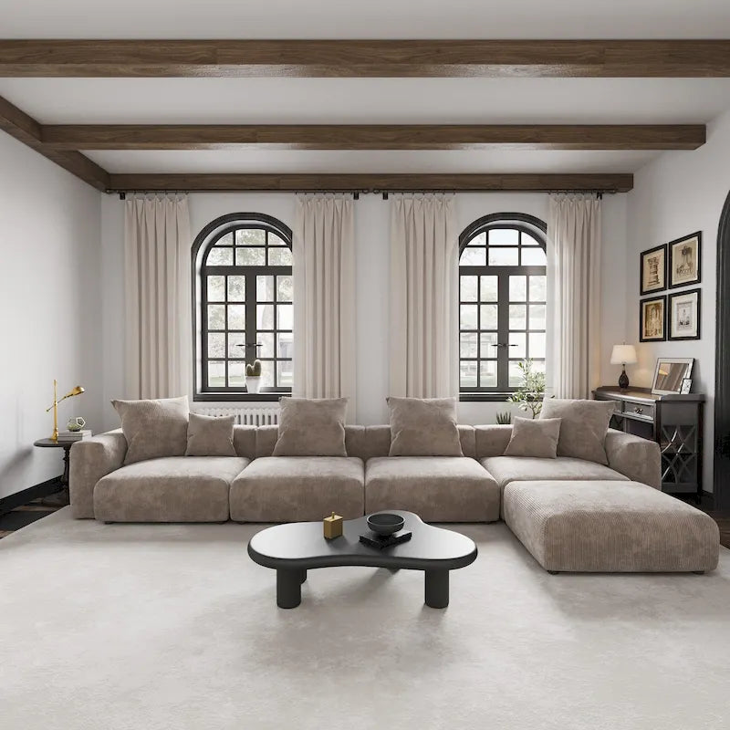 Black / Beige / Light Brown Corduroy L-Shaped Sectional Sofa with Ottoman, With/Without Arms, 5-Seat