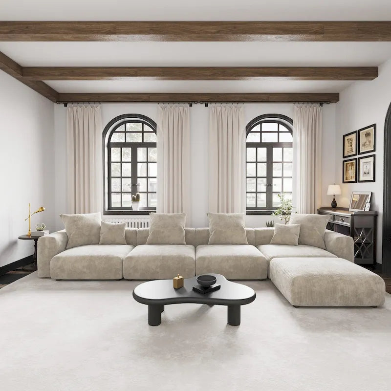 Black / Beige / Light Brown Corduroy L-Shaped Sectional Sofa with Ottoman, With/Without Arms, 5-Seat