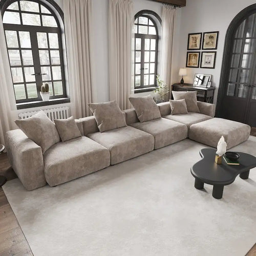 Black / Beige / Light Brown Corduroy L-Shaped Sectional Sofa with Ottoman, With/Without Arms, 5-Seat